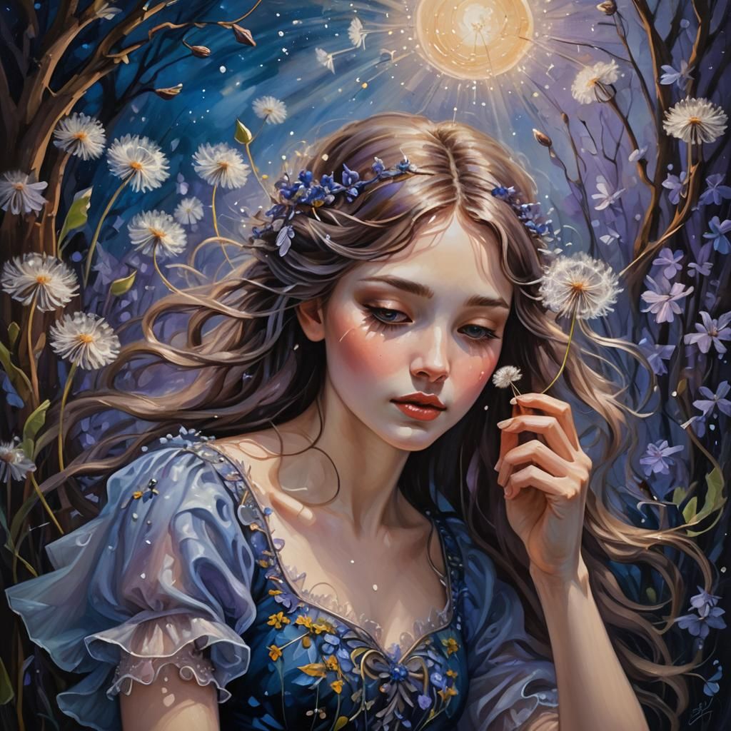 Fairy Girl Blowing Dandelion in Dreamy Oil Painting