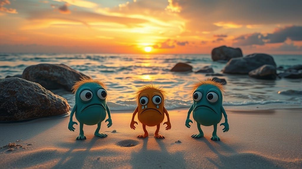 Whimsical Beach Monsters with a Touch of Melancholy in Dream...