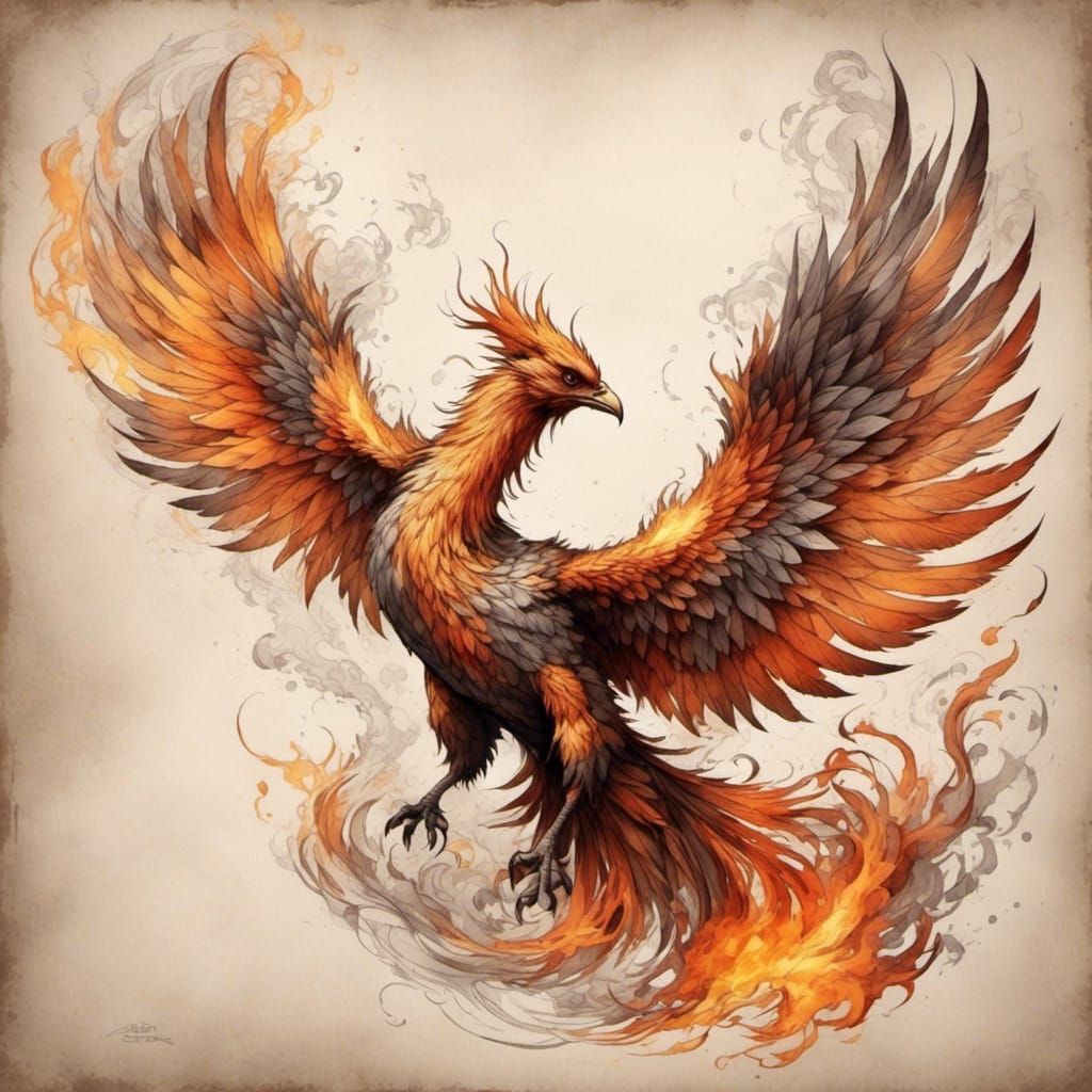 Fiery Phoenix Rising from Ashes in Glory