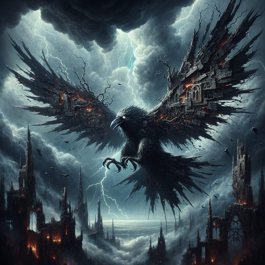 Ancient Raven Soars Through Stormy Ruins in Cyberpunk Aesthe...