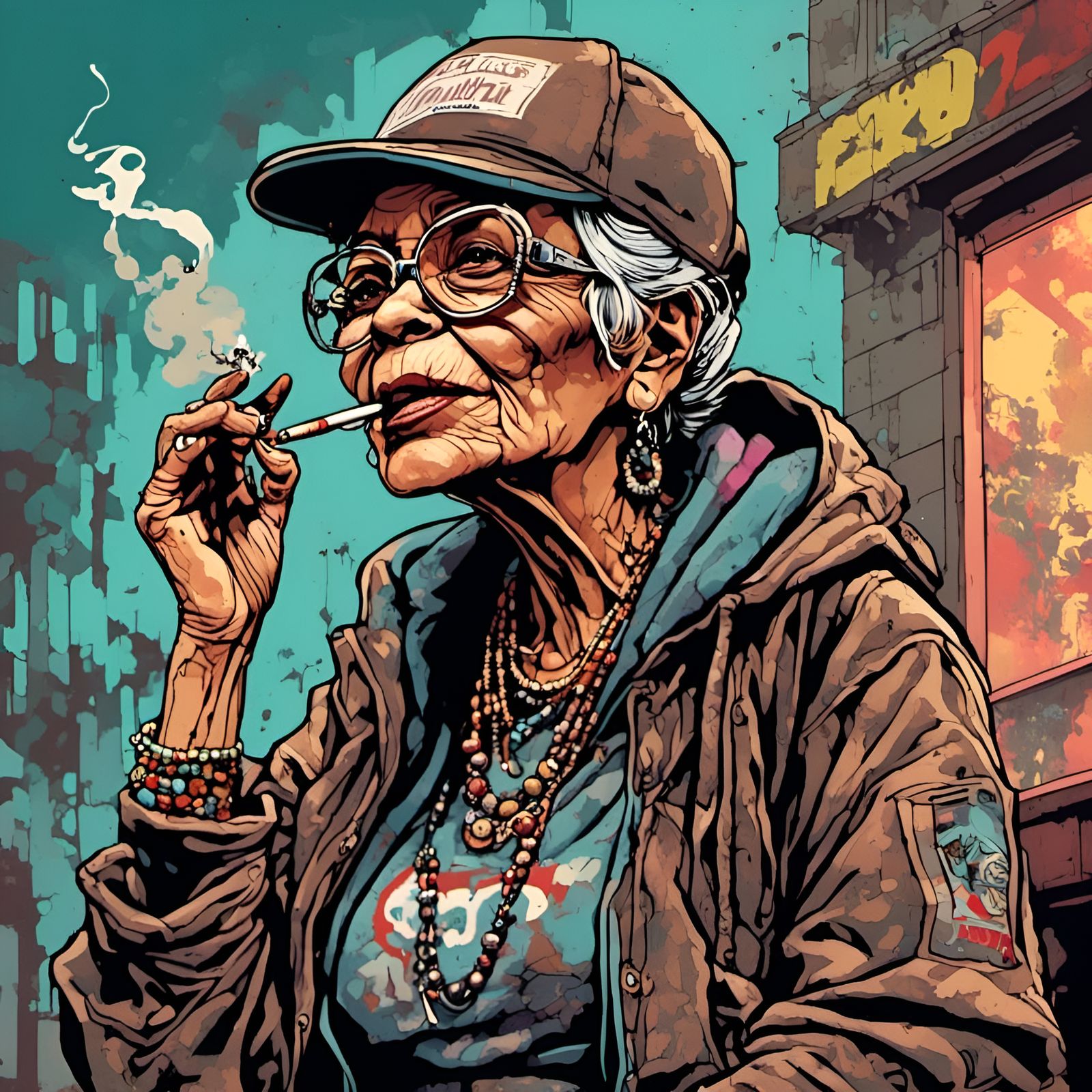 Grandmother Rapper Smoking Cigar in Comic Book Art