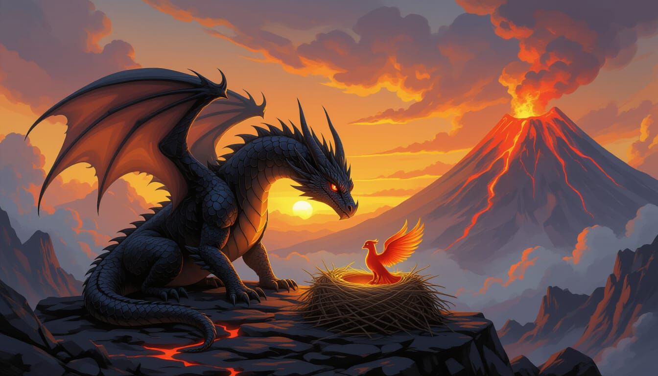 Dragon Guides Baby Phoenix in Volcanic Landscape