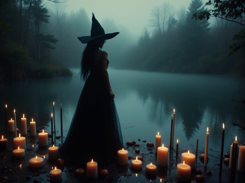 Enchanted Lake at Twilight: Witch with Glowing Candles