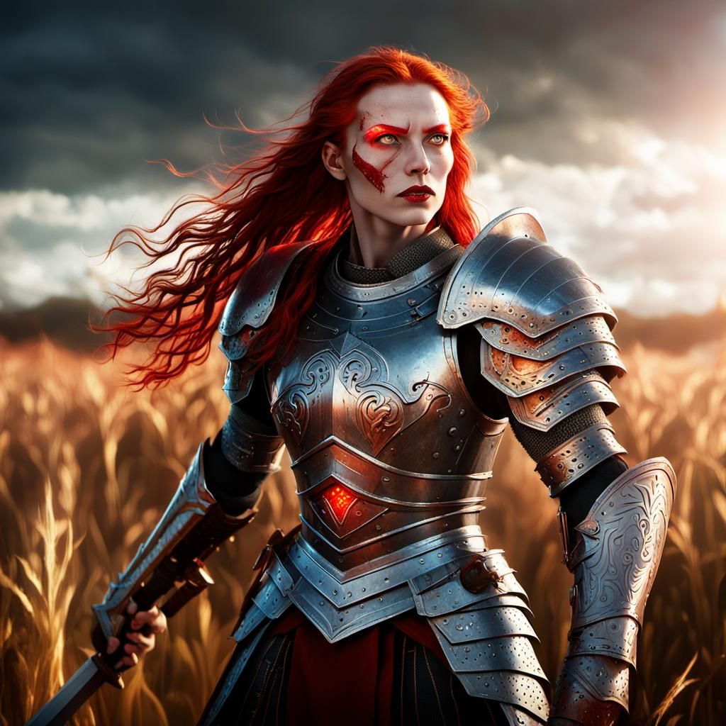 Redhead Warrior Victorious in Magical Aura Field