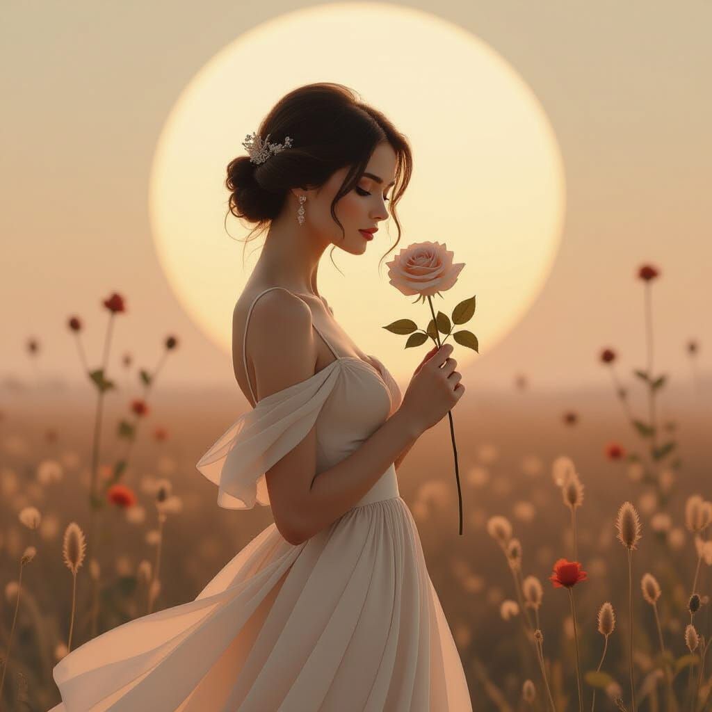 Elegant Woman with Rose, Dreamy Art Style