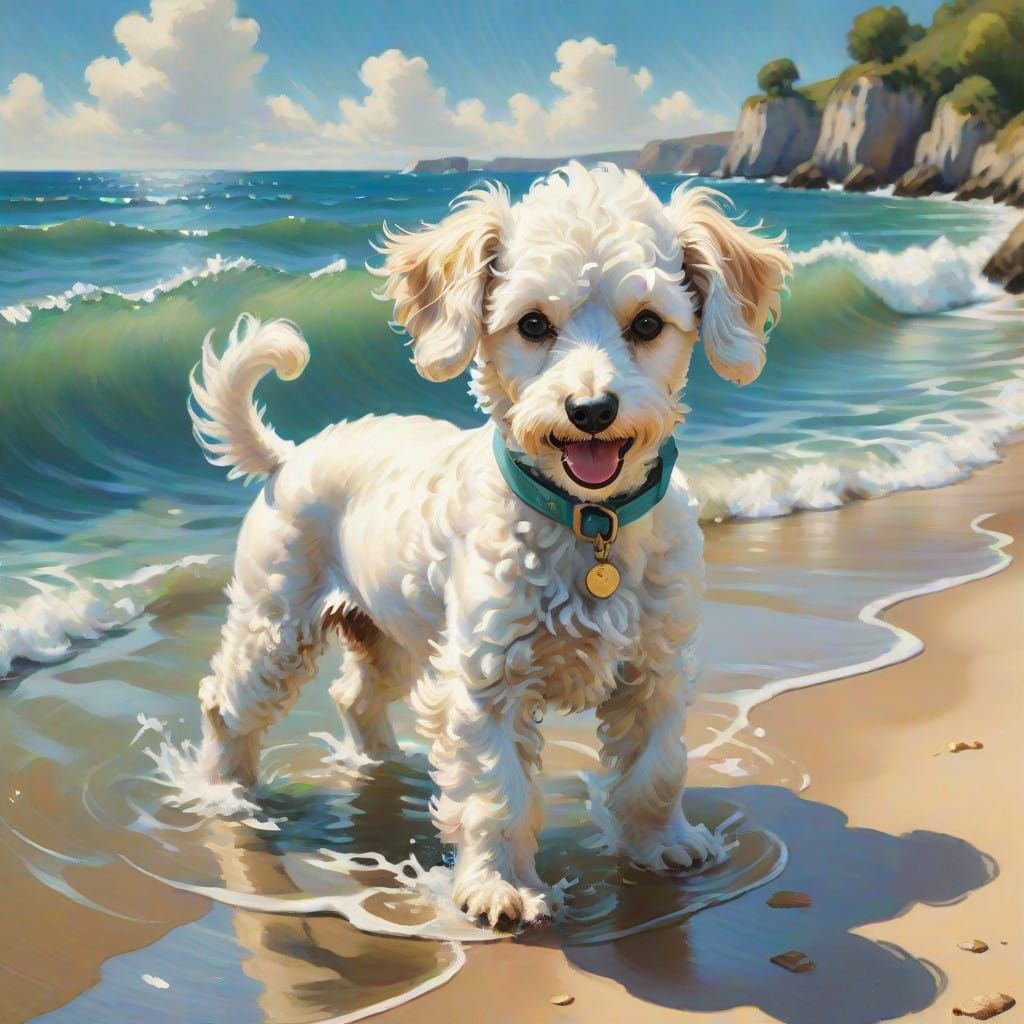 Joyful Poodle Frolics in Turquoise Waves
