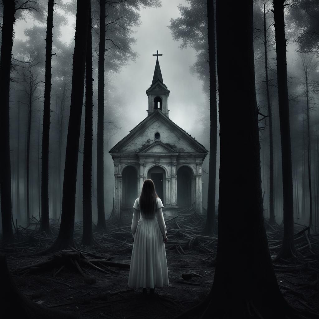 Creepy Slavic Girl in Dark Forest Digital Painting