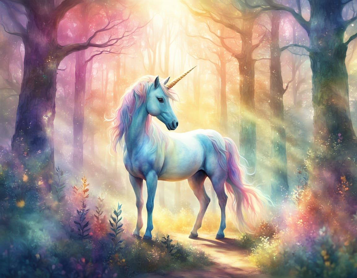 Enchanting Unicorn in a Dreamy Watercolor Forest
