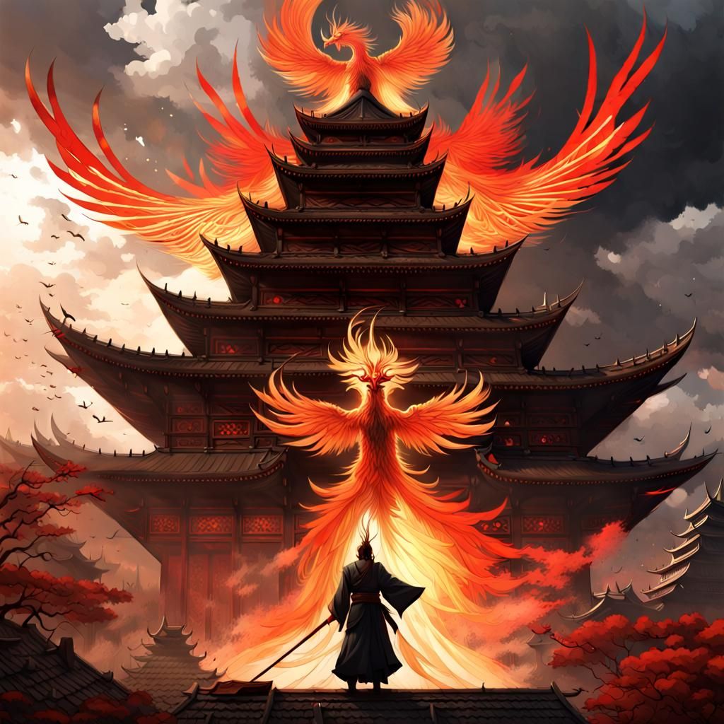 Samurai and Phoenix in Dark Fantasy Style