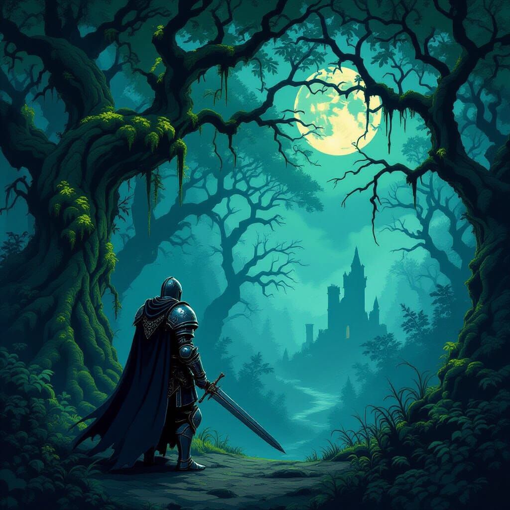 Pixel Art Knight at Edge of Eerie Ancient Forest
