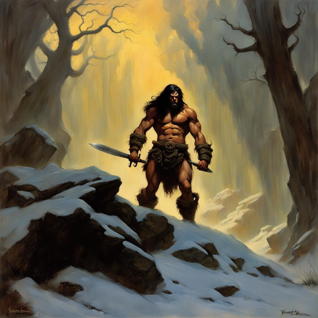 Frazetta-Style Picts in Dark Forest Landscape
