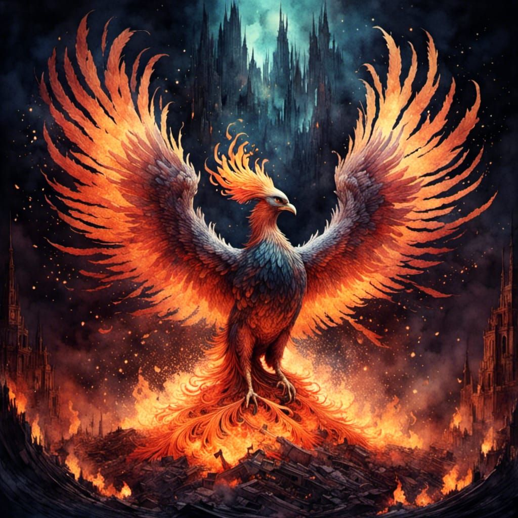 Fiery Phoenix Rising from Ashes in Watercolor Style