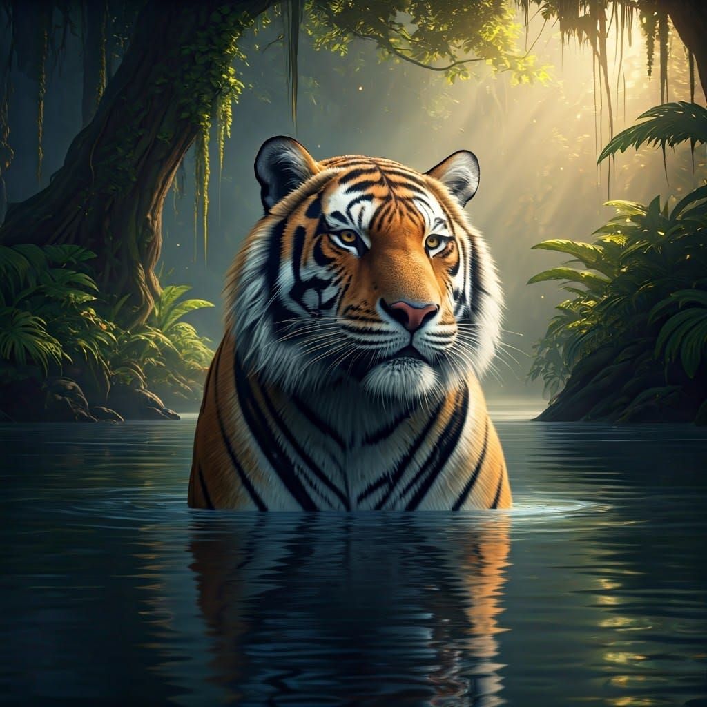 Majestic Tiger Emerges from Serene Lake