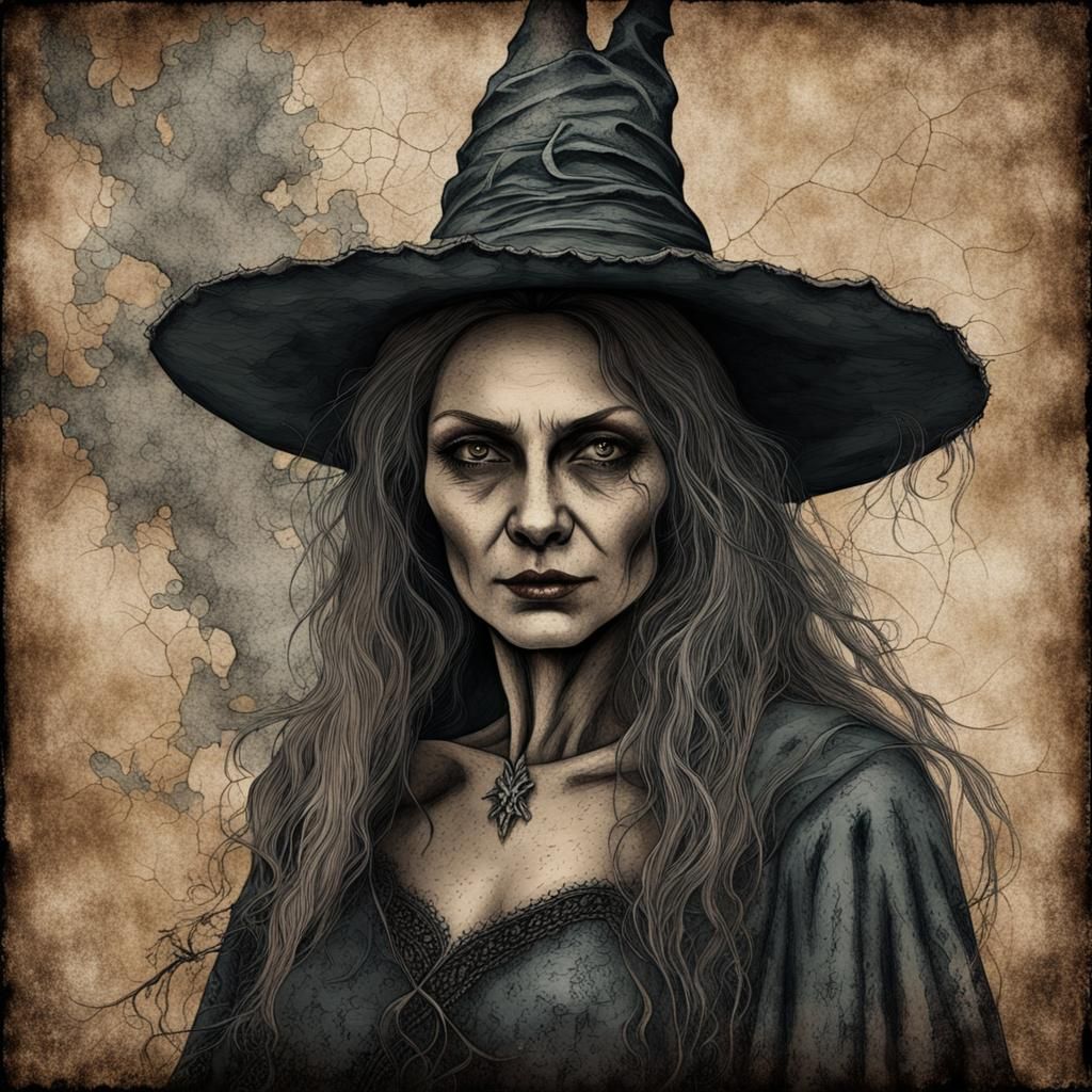 Hauntingly Alluring Witch Portrait with Aged Canvas Effect