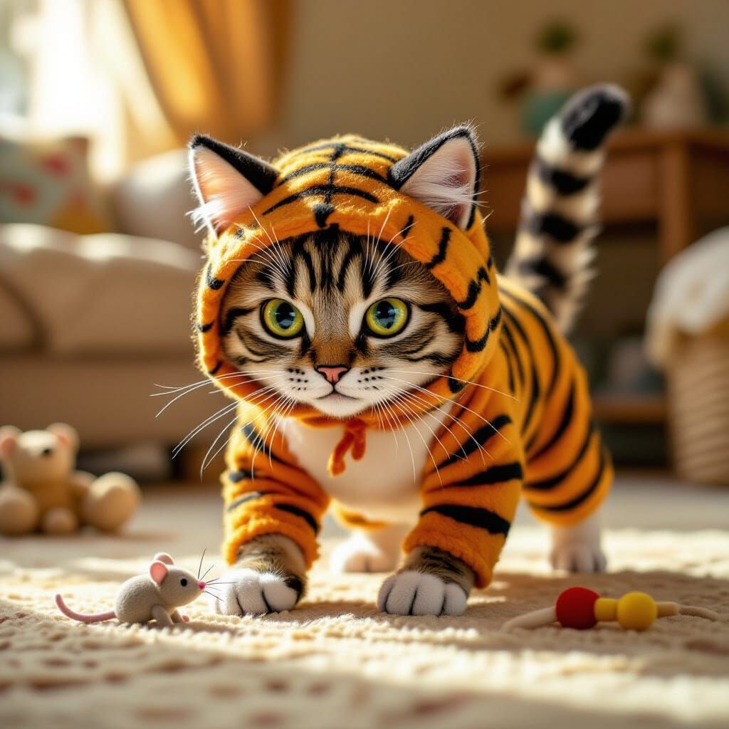 Felt Tiger Cat Stalks Toy Mouse in Cozy Living Room
