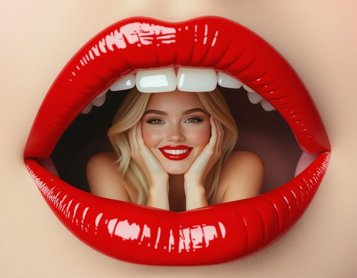 Woman in Giant Mouth with Red Lips: Photorealistic Film Stil...