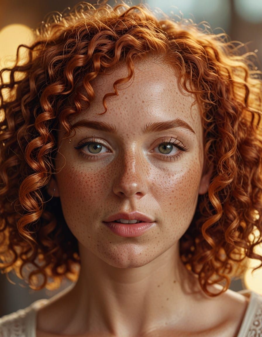 Hyper-Realistic Portrait of a Redhead Woman with Glowing Hai...