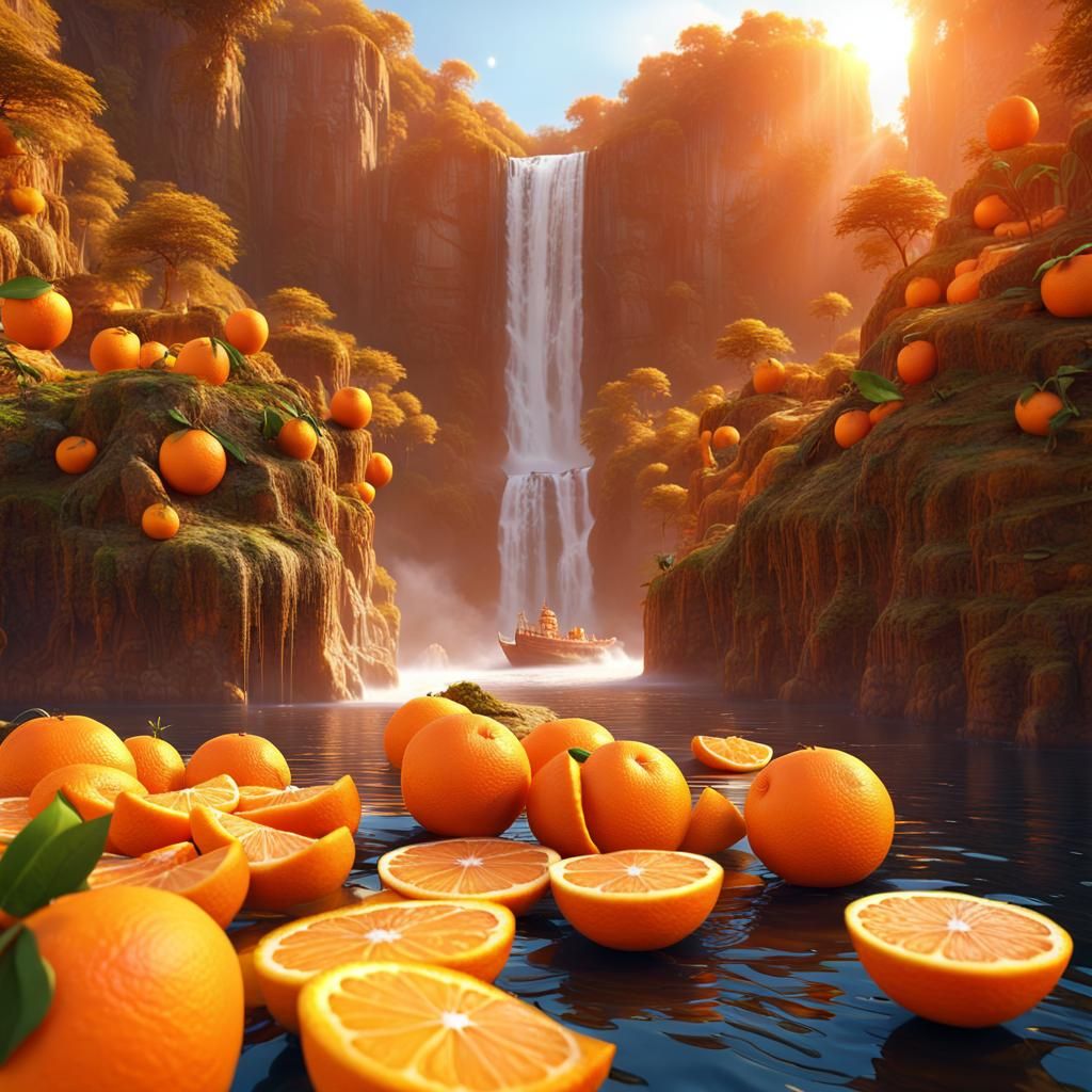 Vibrant Orange Landscape with Fruit Boats