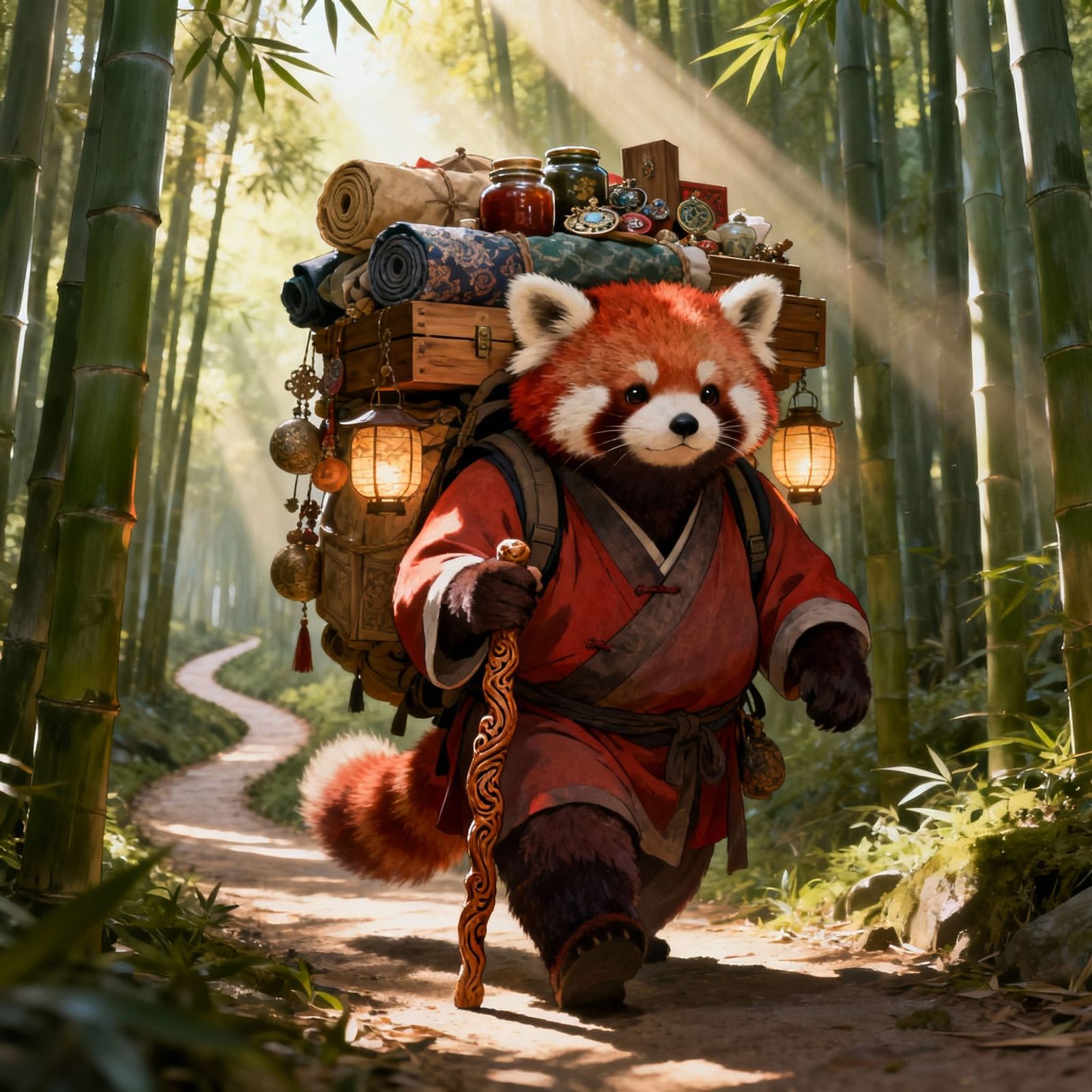 Red Panda Merchant in Serene Bamboo Forest