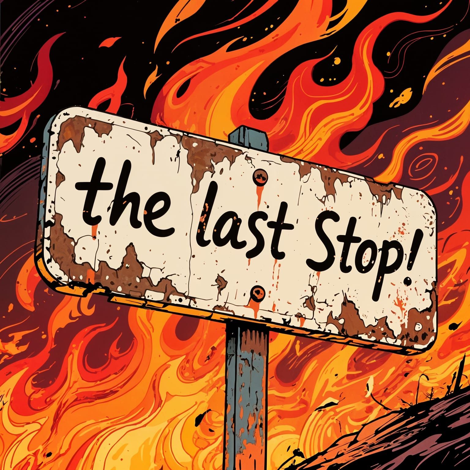Flaming Road Sign: The Last Stop (Hand Drawn)