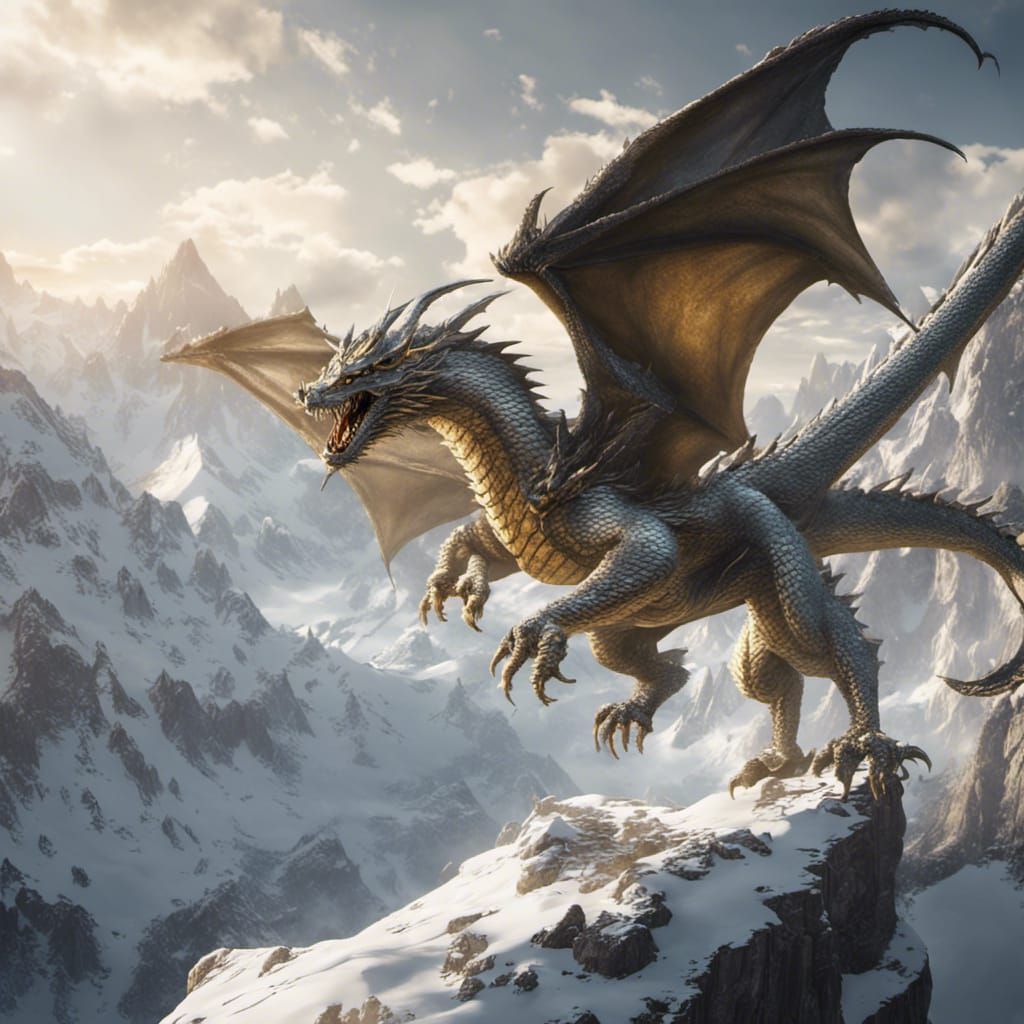 Silver and Gold Dragon Over Snowy Mountains
