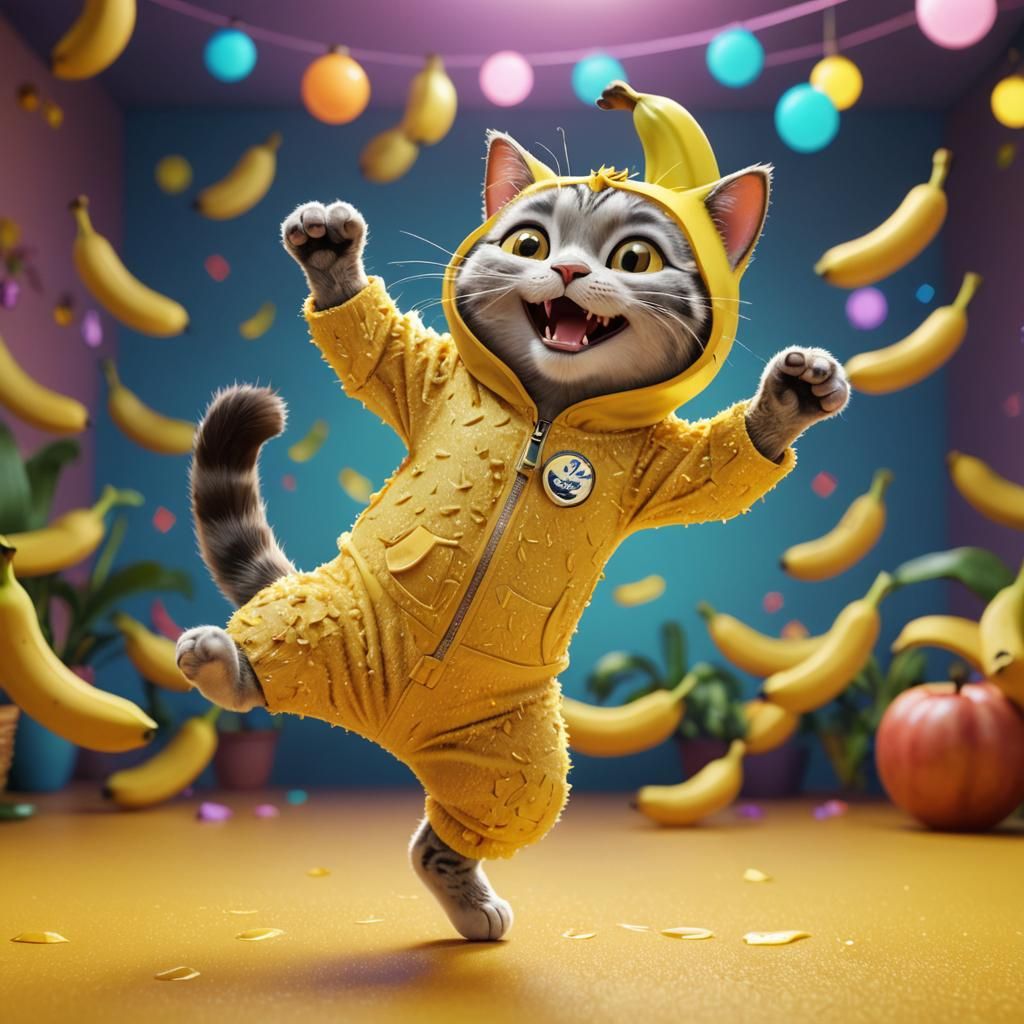 Dancing Cat in Banana Costume as Pixar Art