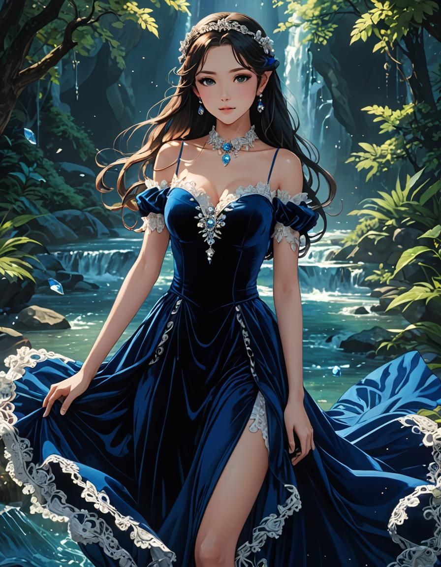 Royal Blue Dress, Anime Style, Cinematic Lighting