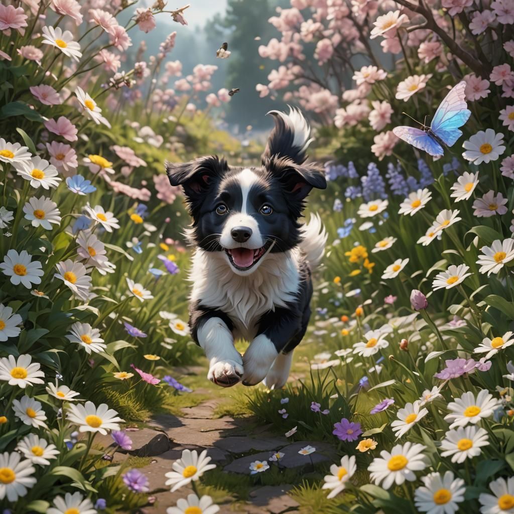 Border Collie Puppy with Dragon Wings in Anime Style