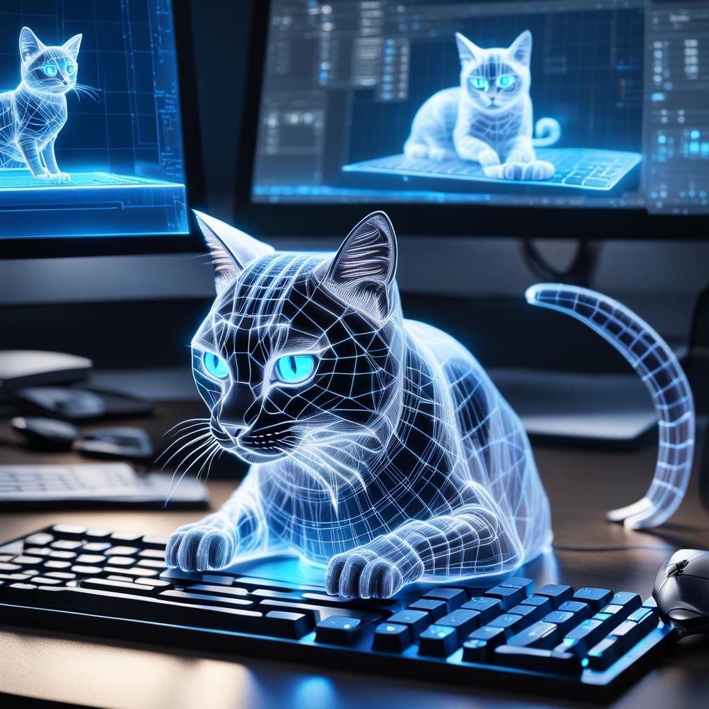 Holographic Cat Playing with Computer, Hyperrealistic Style