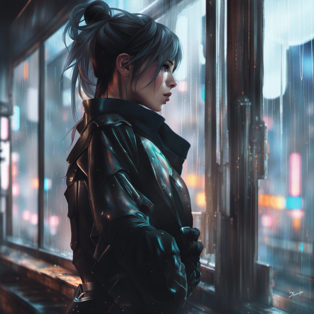 Cyberpunk Woman Portrait in Gloomy Neon Cityscape