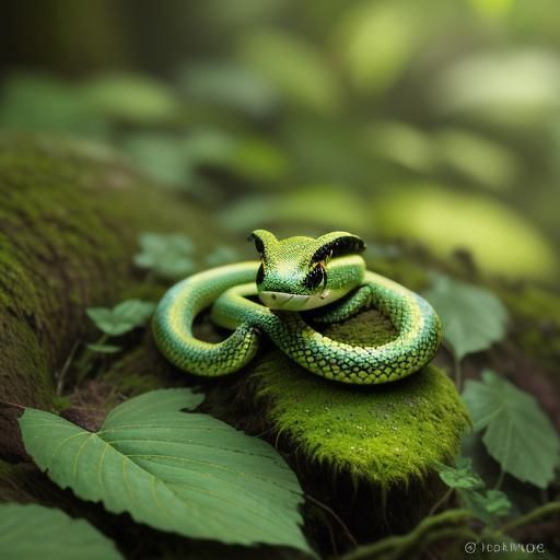 Cute Moss Snake in Lush Forest, Oil Painting