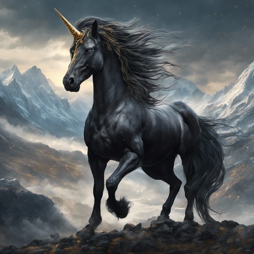 Epic Black Unicorn with Broken Horn in Mountain Landscape
