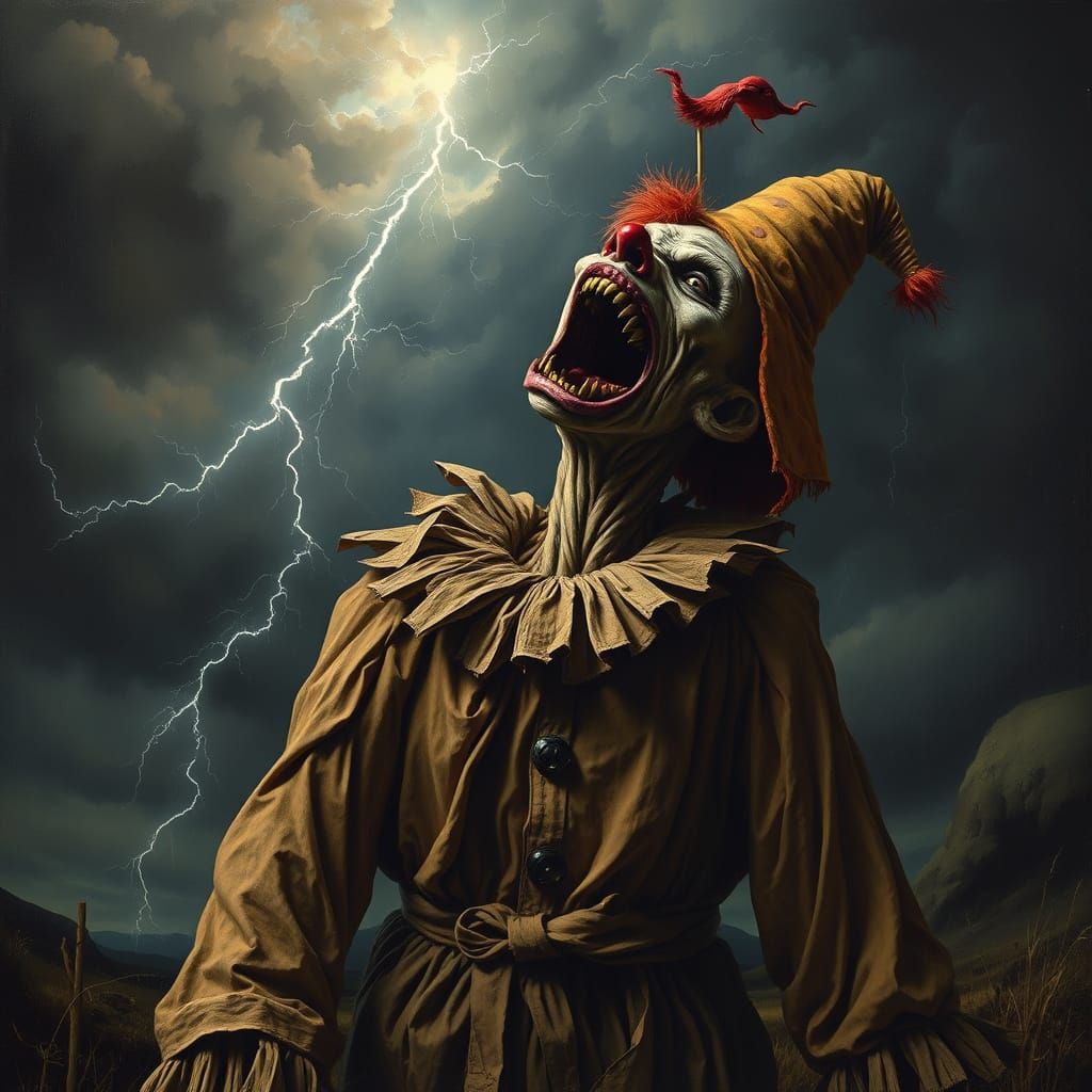 Terrifying Beast-Clown Yelling at Stormy Sky