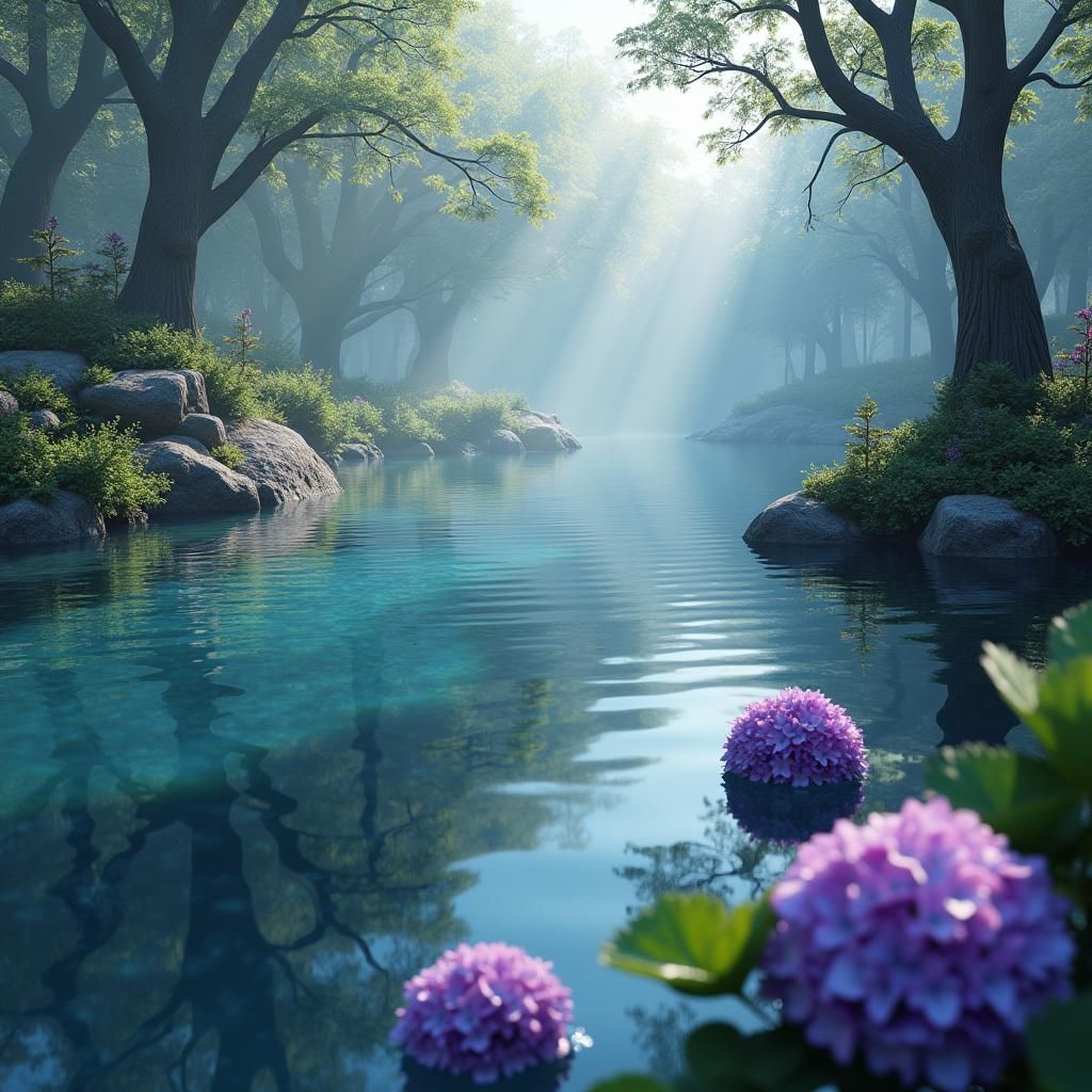 Purple Hydrangeas on Mystical Lake: Dreamlike Fantasy