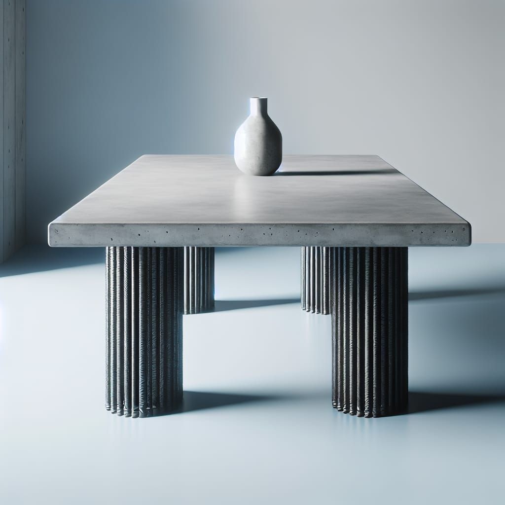 Minimalist Concrete Table with Rebar Legs and Vase