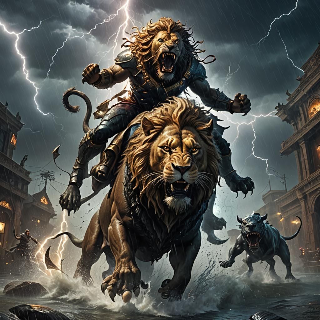 Lion Rider in Dark Fantasy Art Style