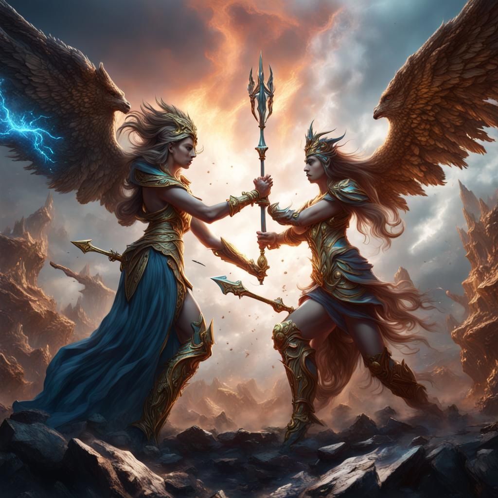 Epic God vs Goddess Battle in Detailed Matte Painting