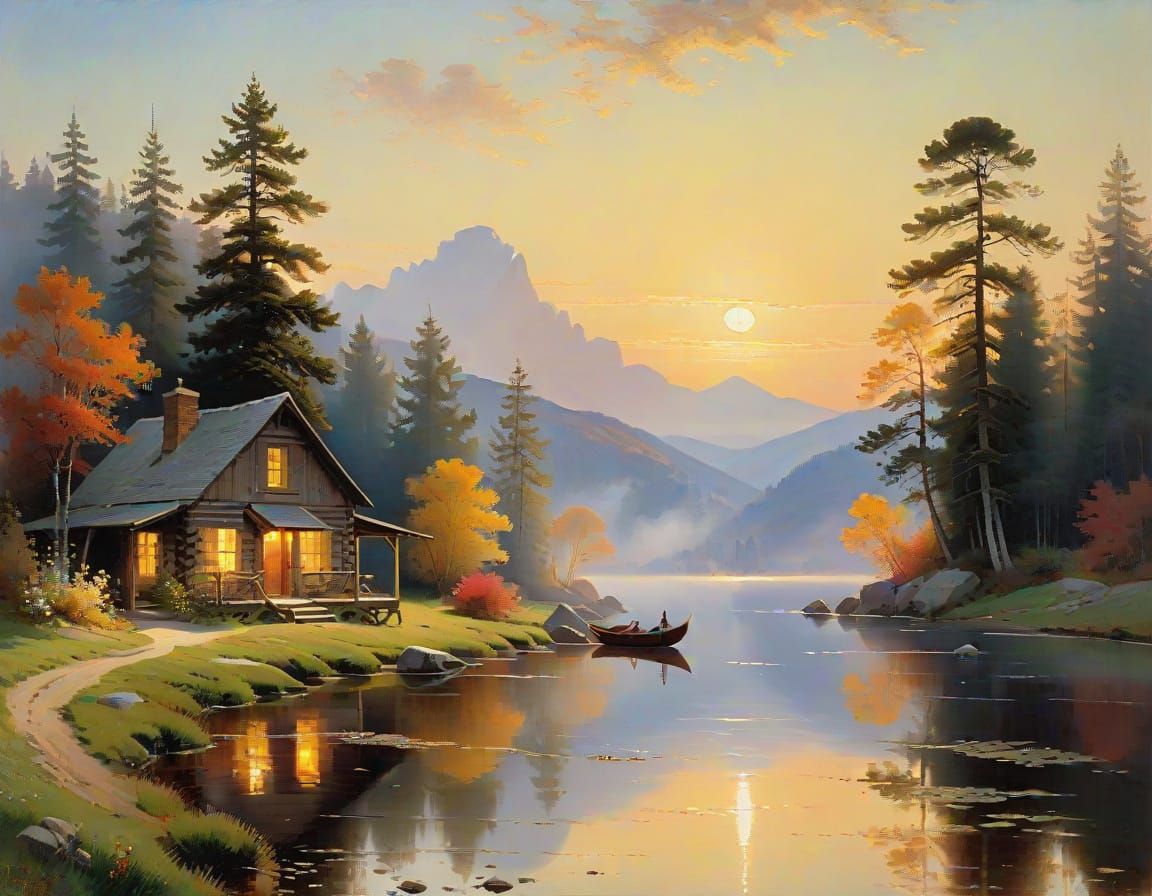 Lakeside Cabin at Dawn in Watercolor Style
