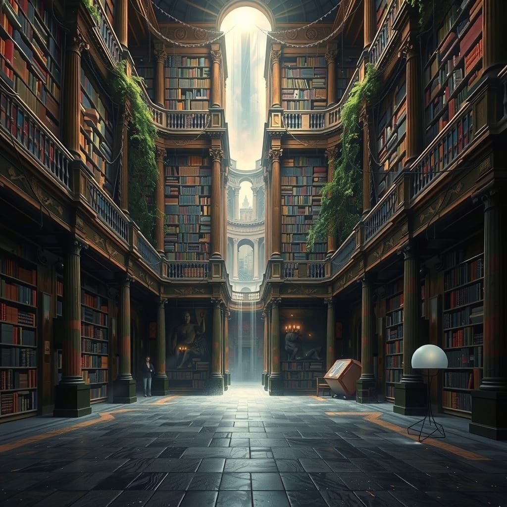 Ancient Library with Towering Bookshelves in Mystical Style
