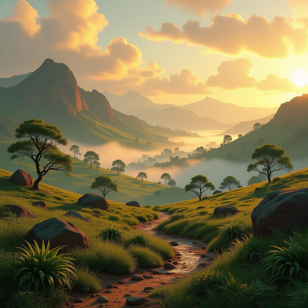 Misty Landscape with Golden Light Evoking Petrichor