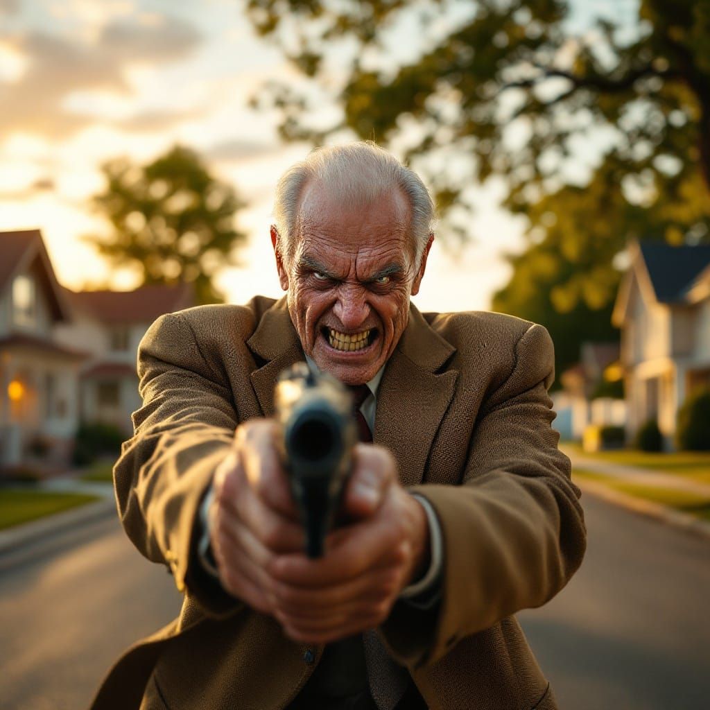 Enraged Elderly Man with Gun in Photorealistic Portrait