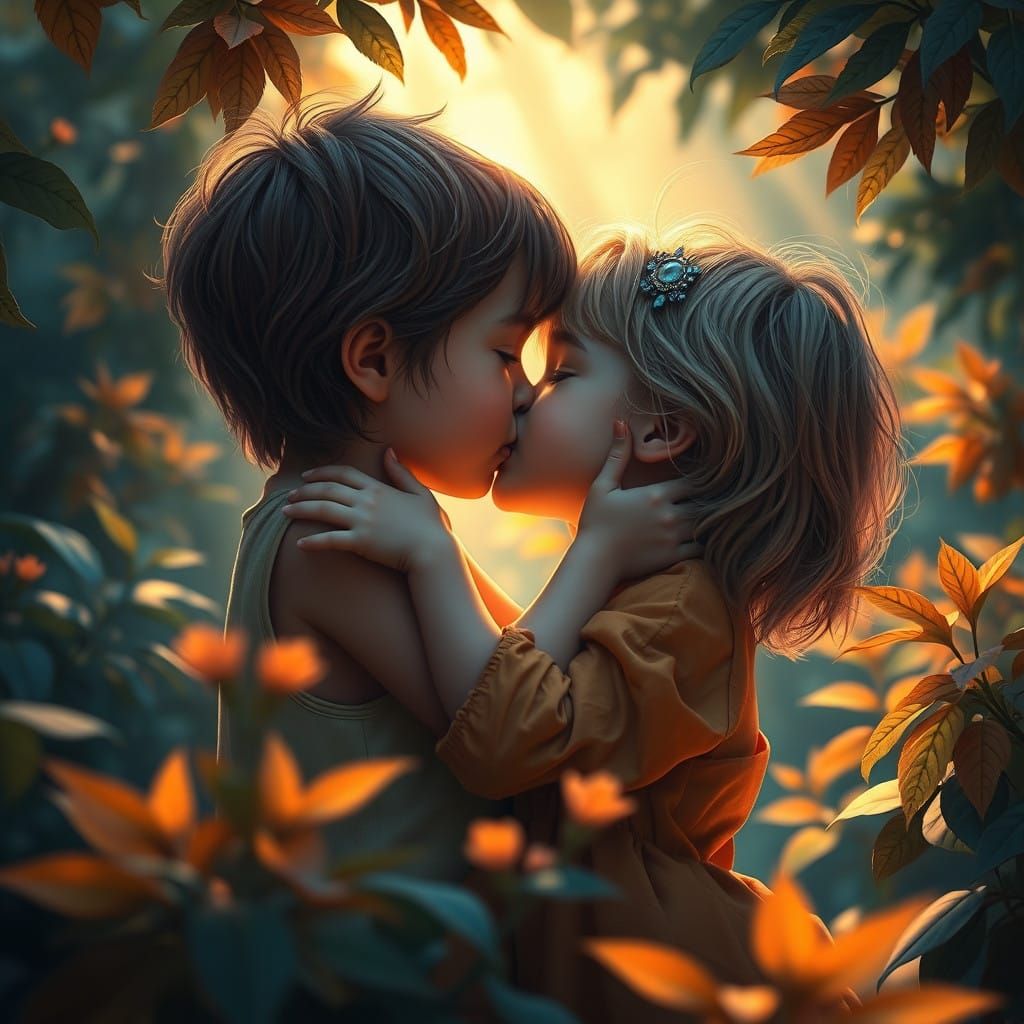 Two Children Share a Tender Moment in Whimsical Wonderland