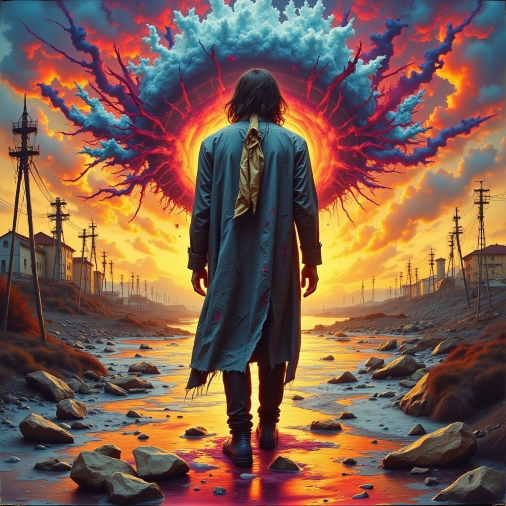 Distressed Figure in Polychromatic Street Art Scene