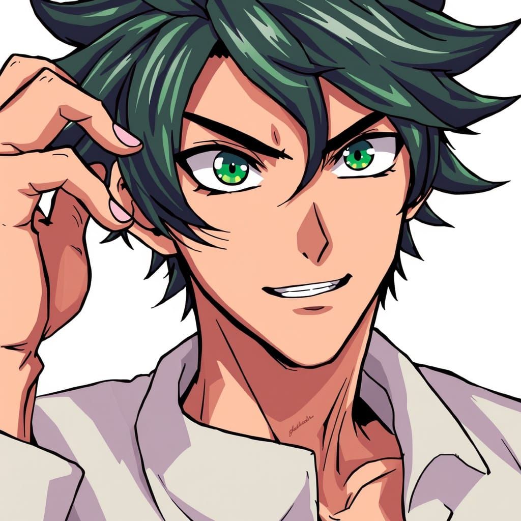 Handsome Anime Guy with Green Eyes Gazes Confidently