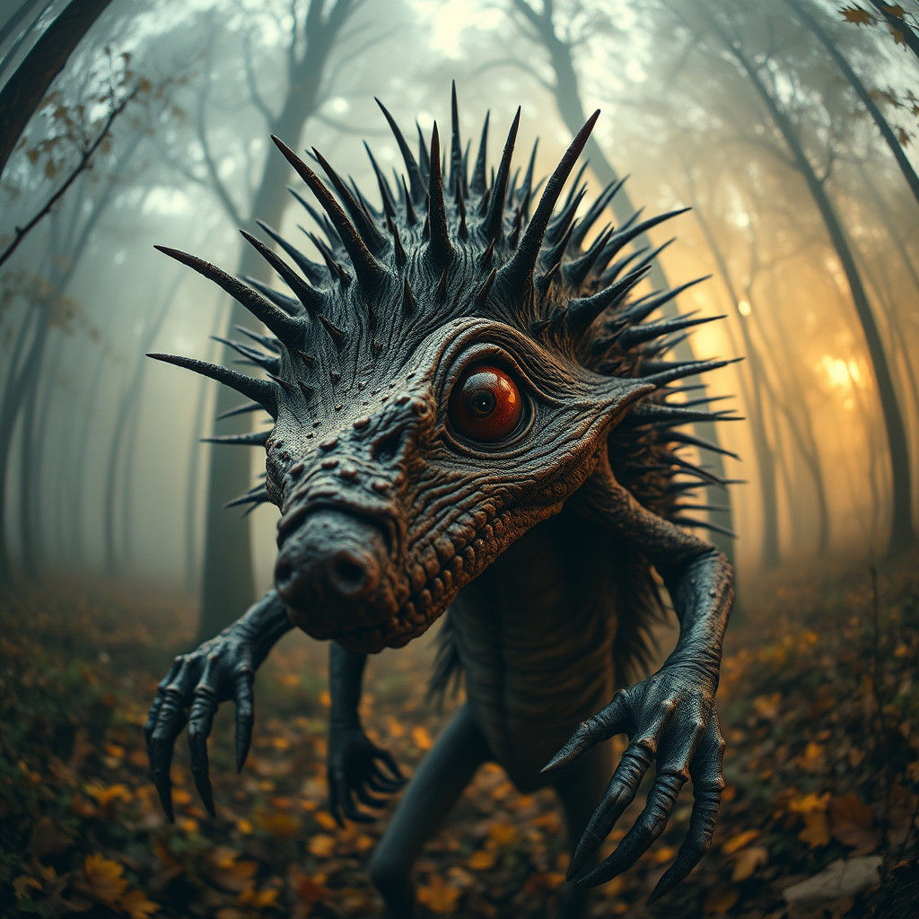 Grotesque Hedgehog Mutant in Autumn Forest