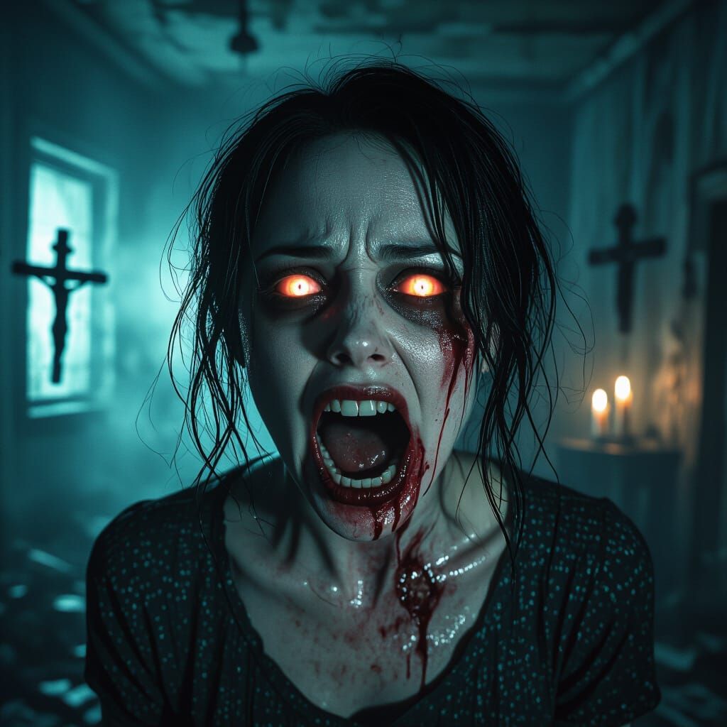 Terrifying Horror Portrait: Woman's Face in Demonic Scream