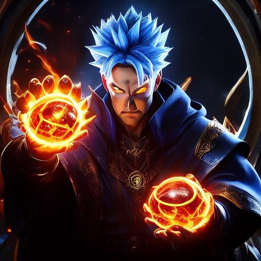 Blue-Haired Wizard Casting a Fiery Spell