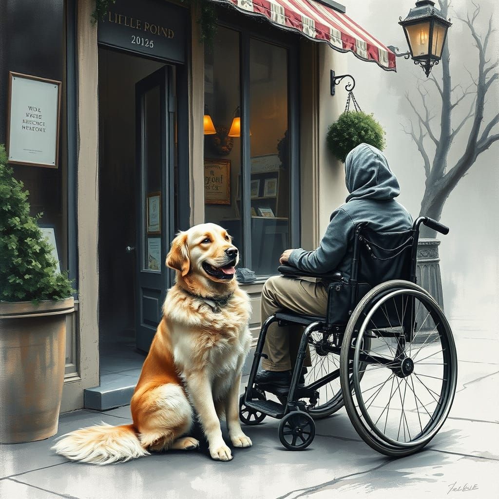 Golden Retriever and Person in Wheelchair: Charcoal Drawing