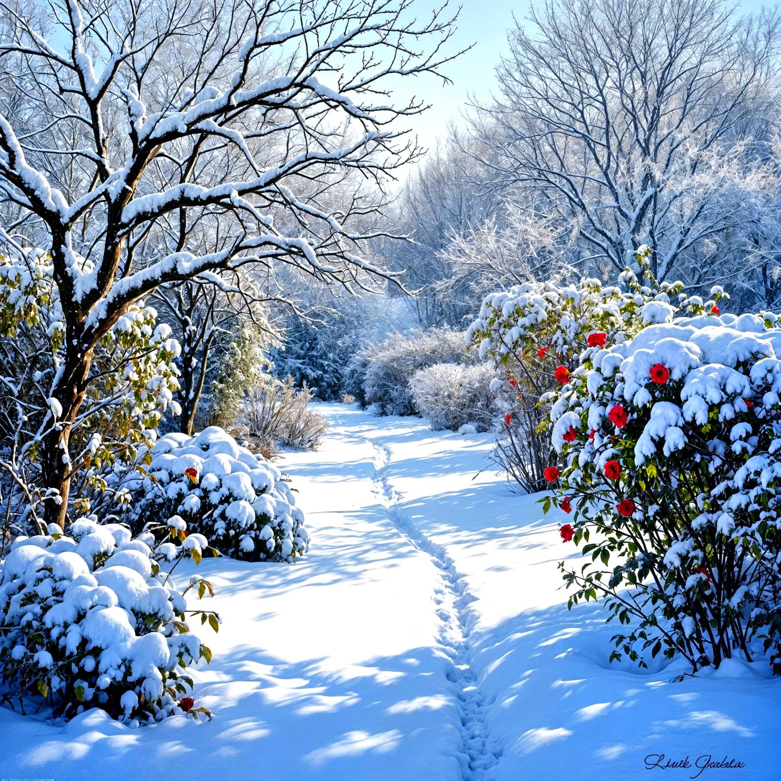 Snow Covered Country Garden Landscape in Winter