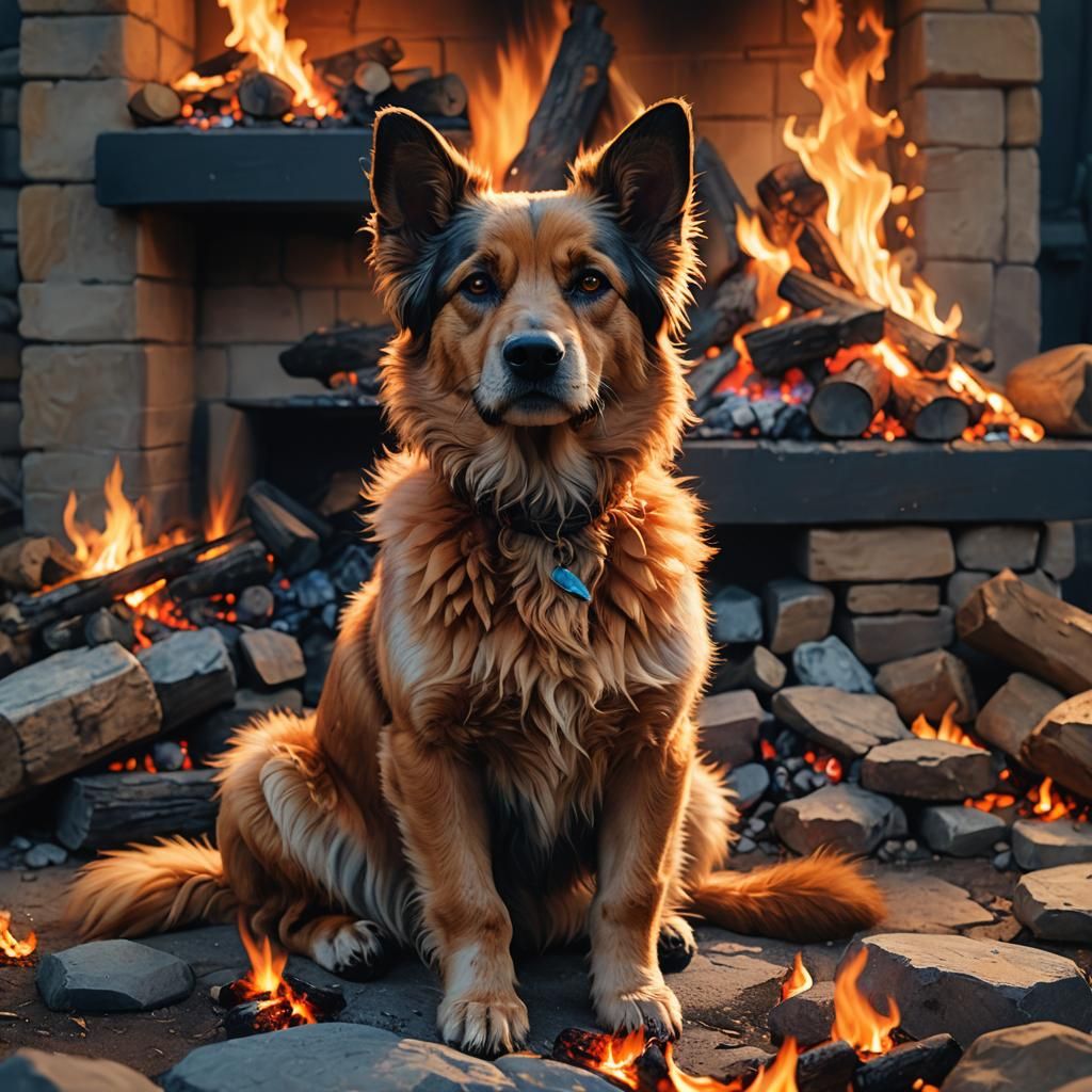 Dog by Fire: Hyper-Realistic Digital Concept Art